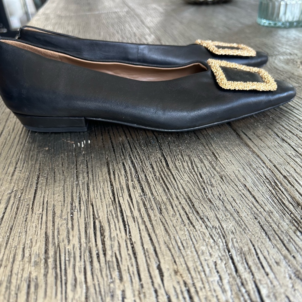 Sam Edelman Black Women's Pointed Toe Flats with Gold Buckle Accent - Picture 7 of 8